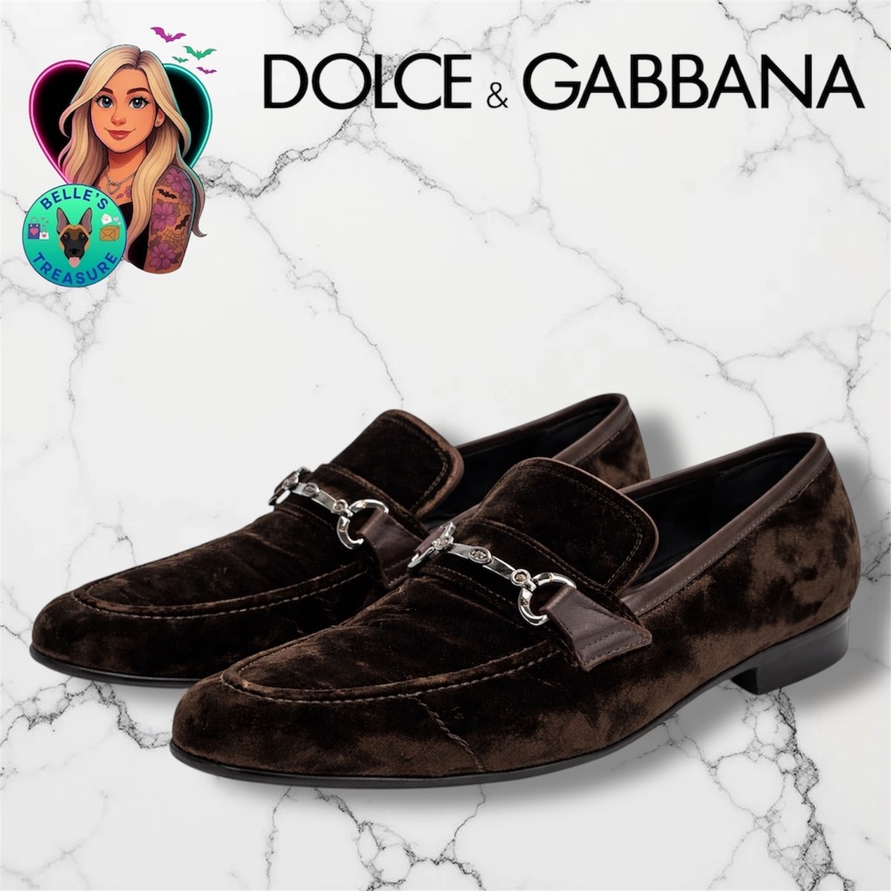 Dolce & Gabbana Mens 8‎ Brown Velvet Horsebit Loafers DG Logo Dress Shoes ***